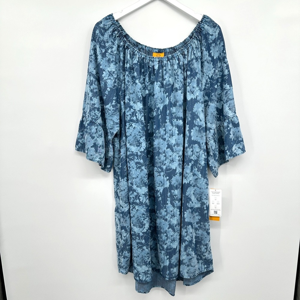 Ruby Rd Dress‎ Plus Size 2X Blue Floral Chambray Coastal Cowgirl Frstival Boho